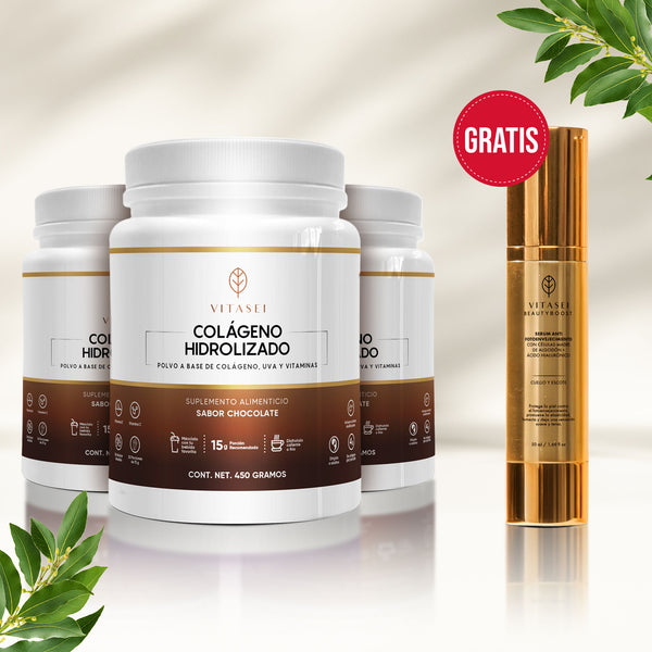 Kit x 3 Colágenos Hidrolizados con Resveratrol Sabor Chocolate / GRATIS  Serum cuello y escote