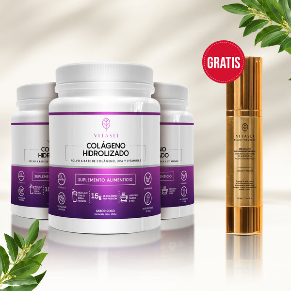 Kit x 3 Colágenos Hidrolizados con Resveratrol Sabor Coco y GRATIS  Serum cuello y escote