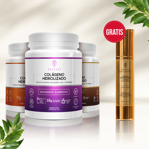 Kit x 3 Colágenos con Resveratrol: Coco, Chocolate y Sin Sabor / GRATIS  Serum cuello y escote