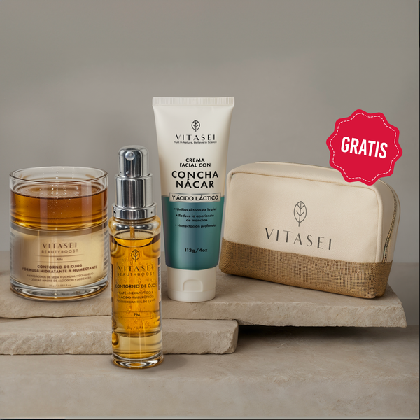 Kit Contornos de Ojos Día con Células Madre y Noche Anti-Fatiga con Cafeína + Crema Facial con Concha de Nácar y GRATIS Cosmetiquera