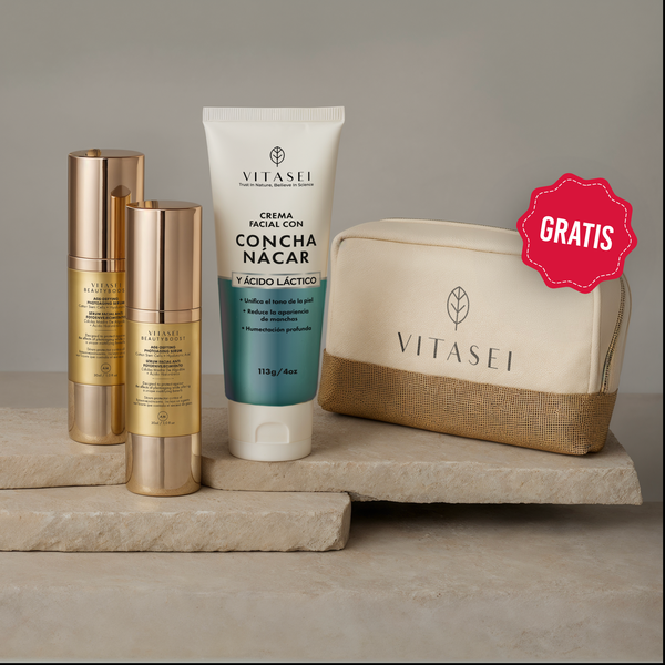 Kit Sérums Faciales Día y Noche con Células Madre, Ácido Hialurónico + Crema Facial con Concha de Nácar GRATIS Cosmetiquera