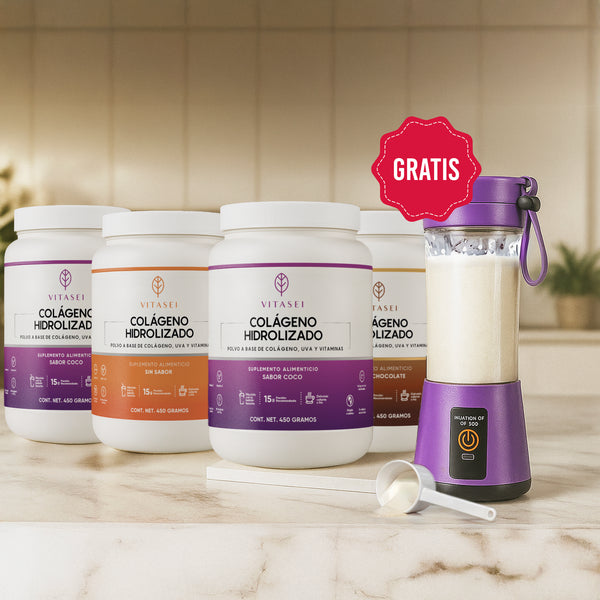 Kit de 4 colágenos de chocolate, coco y sin sabor + mini licuadora gratis