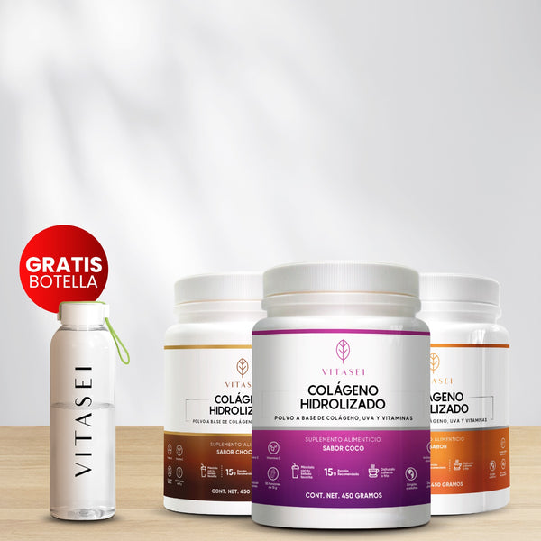 Set x3 Colágenos Hidrolizados con Resveratrol / Sabor Coco, Chocolate, sin sabor + GRATIS botella