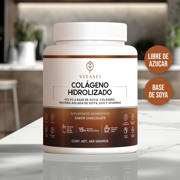 Colágeno Hidrolizado con Resveratrol, Biotina y Vitamina C con sabor chocolate - Fórmula con base de soya sin edulcorantes