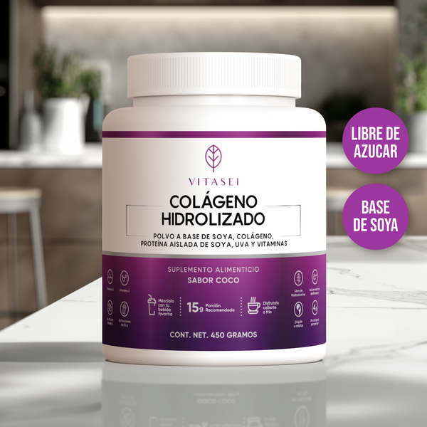Colágeno Hidrolizado con Resveratrol, Biotina y Vitamina C con sabor coco - Fórmula con base de soya sin edulcorantes
